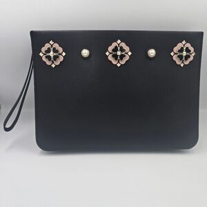 KATE SPADE Black Leather Clutch Wristlet Pouch Pearl Flower Embelleshment
